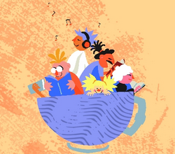 Dessin de personnes dans une tasse de thé lisant des livres et écoutant de la musique
