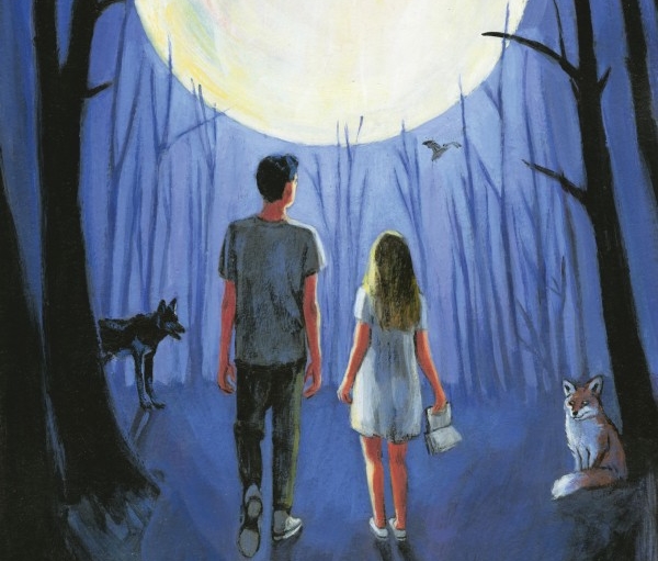 un enfant, un adulte, un loup et un renard dans la forêt au clair de lune