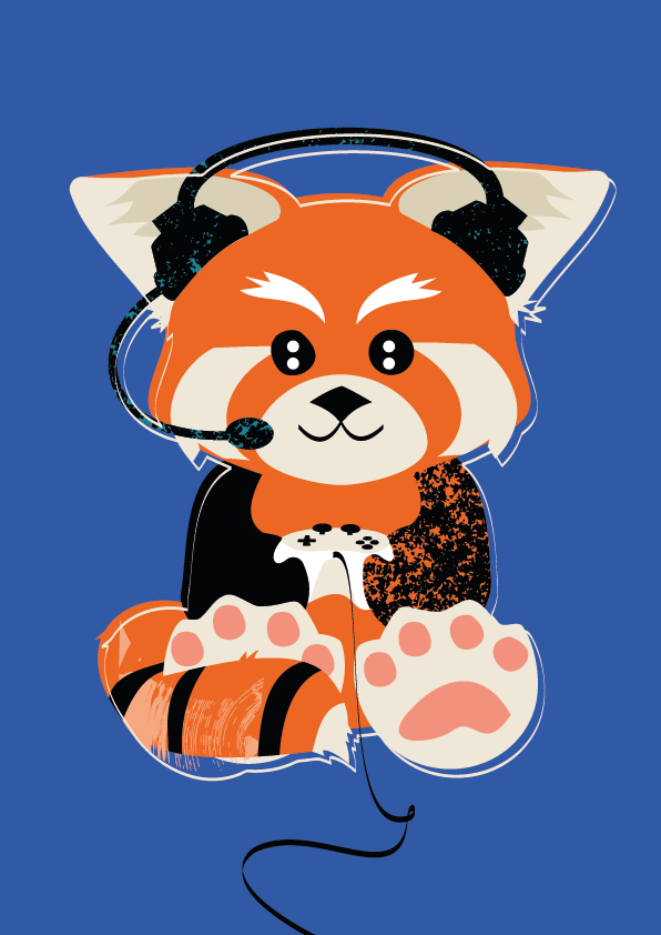 panda roux dessiné qui tient une manette dans ses mains