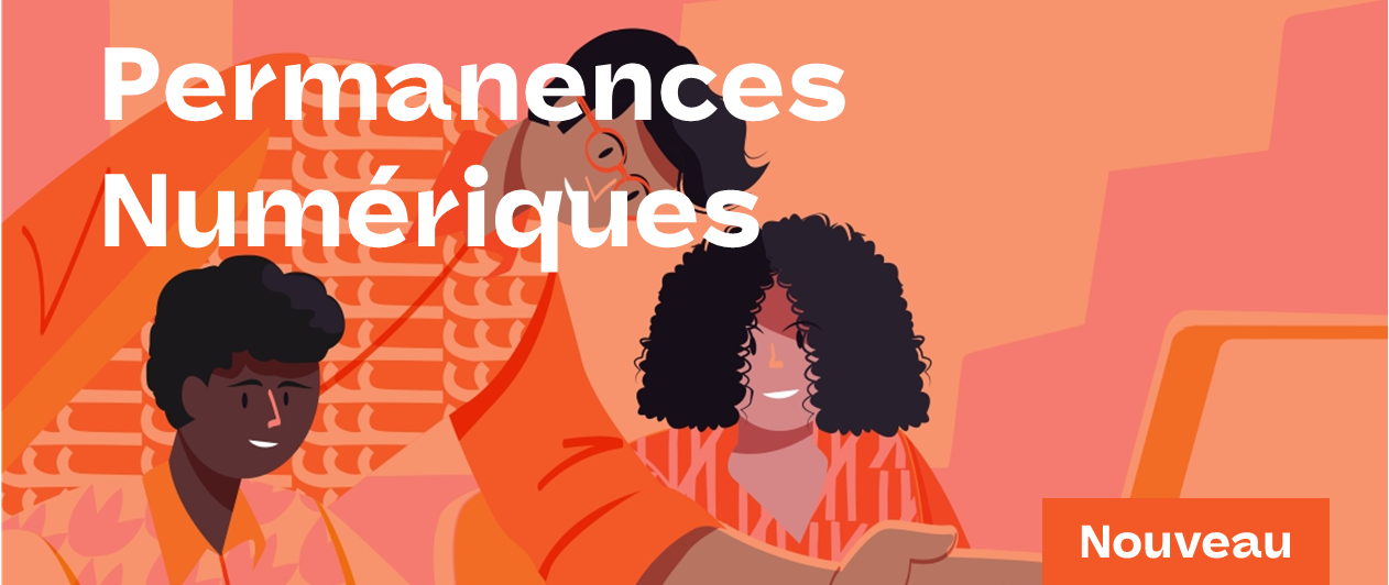 trois personnes côte à côte devant un ordinateur sur fond orange