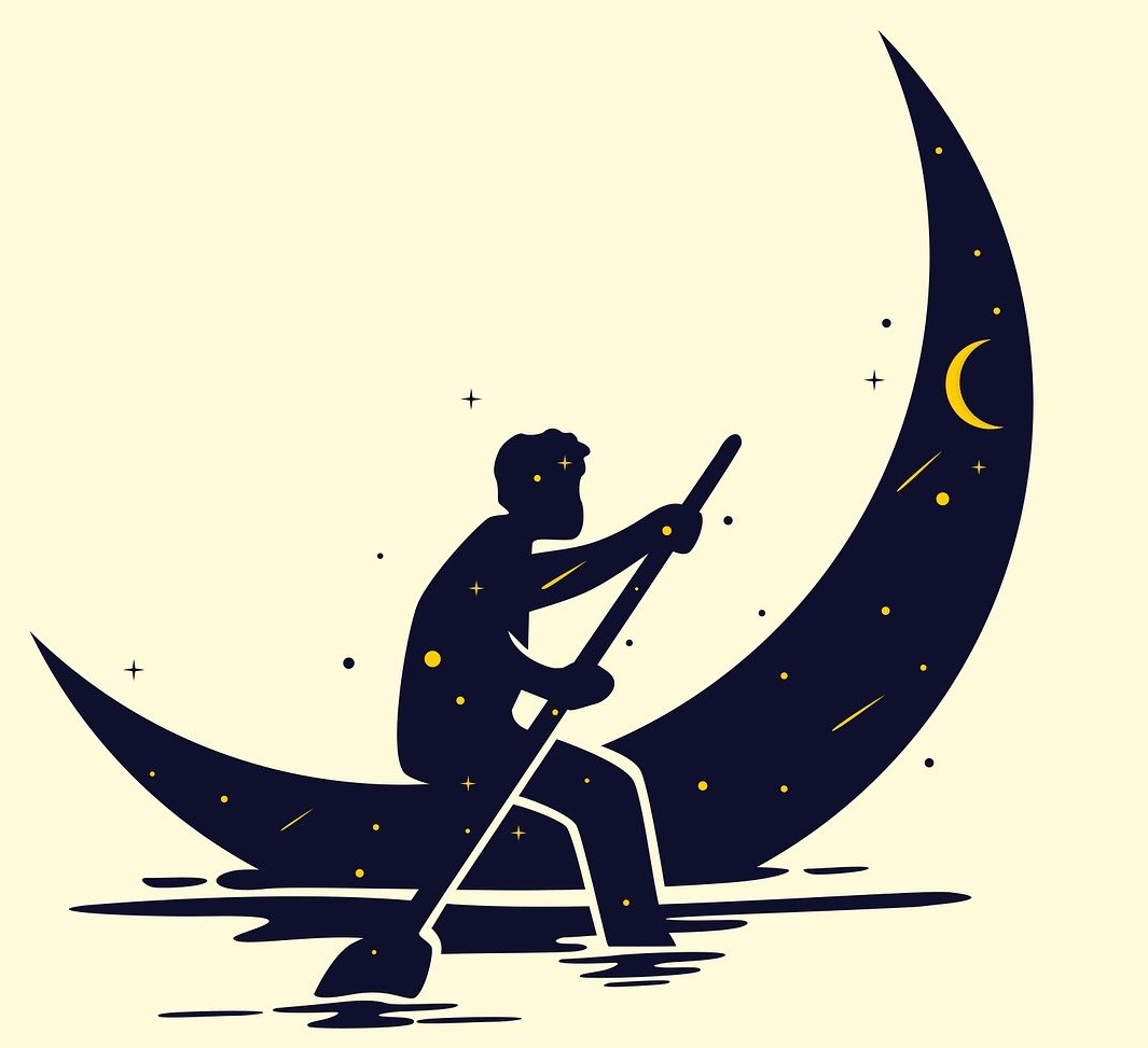 pessonnage chevauchant un croissant de lune étoilé
