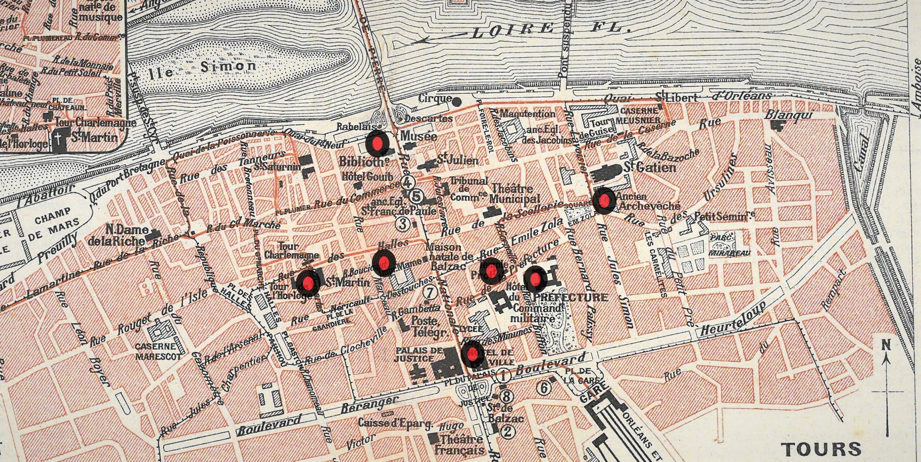 Emplacement des établissements ayant accueilli la bibliothèque de Tours de 1790 à 1940